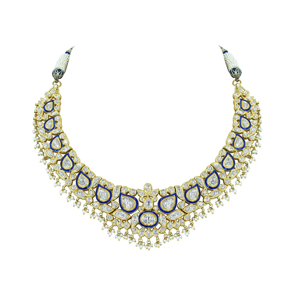 Polki Necklace with Blue Enamel and Layered Pearls
